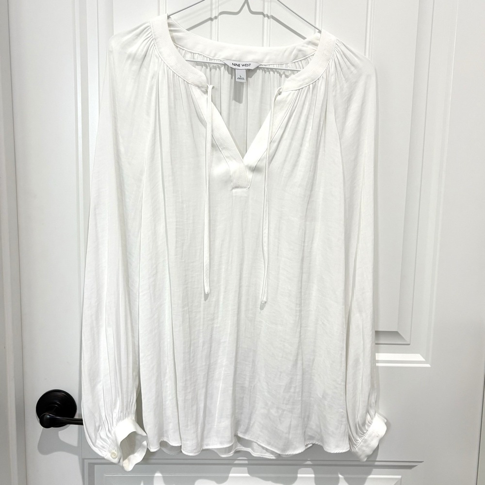 Women's Blouse‎ Chiffon Peasant Tie Front Bishop Long Sleeve Ivory Large